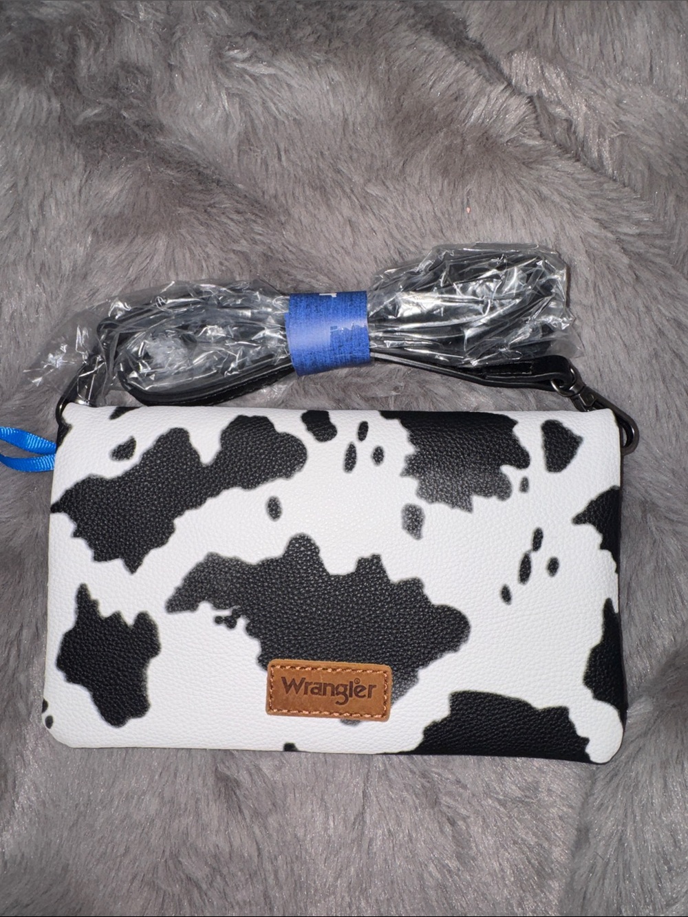 Wrangler Black and White Cowprint Crossbody Wallet with Detachable Strap